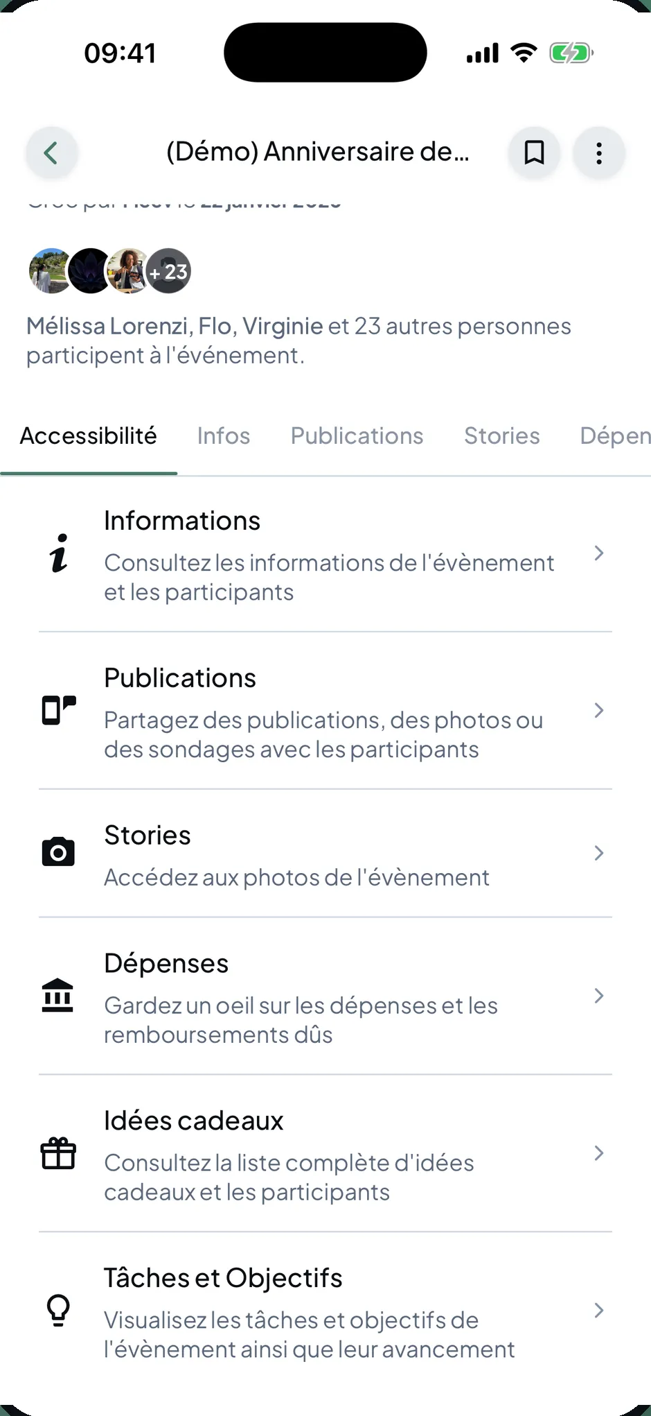 La fiche d'un événement, avec la liste de ses modules : informations, publications, stories, dépenses, idées cadeaux, tâches.