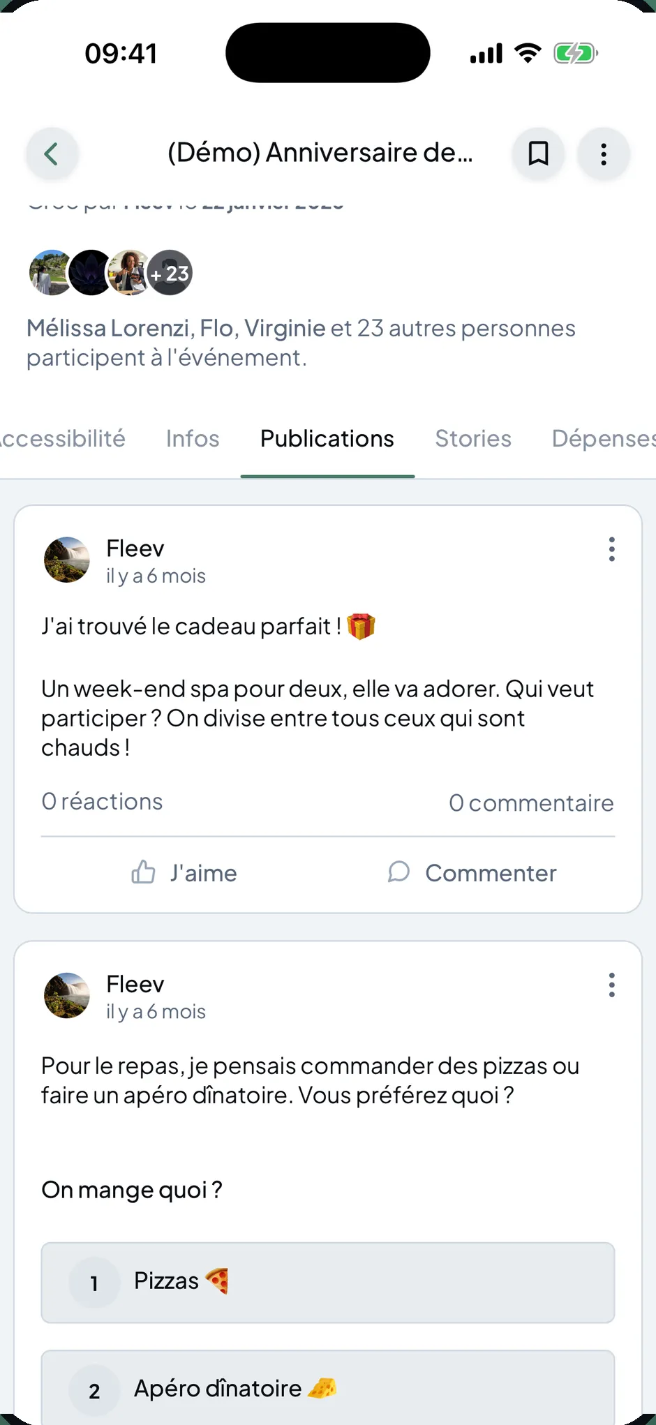 L'onglet Publications : un message du groupe et un sondage « On mange quoi ? » avec ses options.